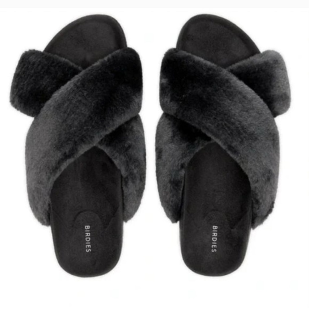 Birdies Slides – The Robin | Black Faux Fur | Women’s Size 12 | Chic Magic 🪄